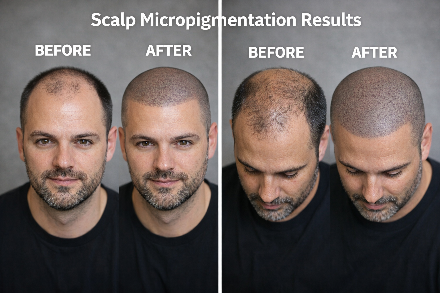 Scalp micropigmentation results overview showing multiple before and after treatments at NMC SMP
